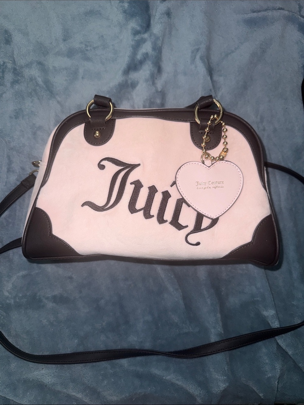 Juicy Couture Pink and Brown Logo Dome Crossbody Bag with Heart Charm